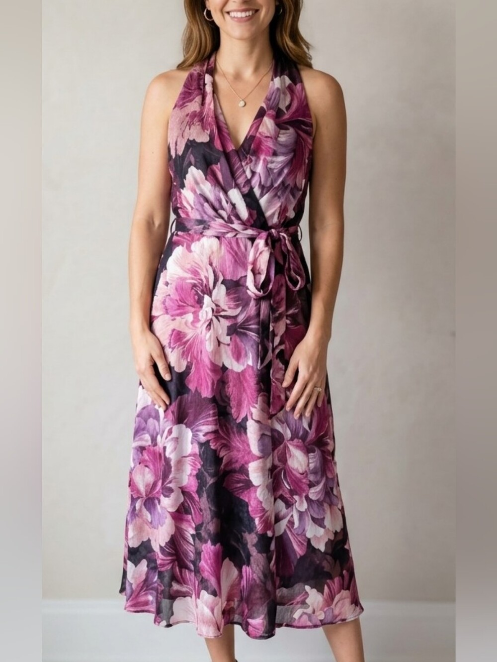 Vintage Floral Wrap Maxi Dress Pink Purple V-Neck Boho Chic Whimsigoth S Size 4